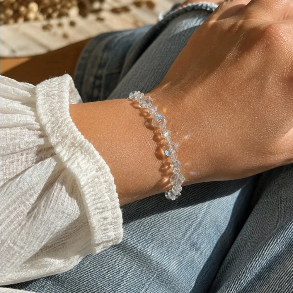 Vintage AB Crystal Glass Bead Bracelet w/ Extender Handmade Sparkle